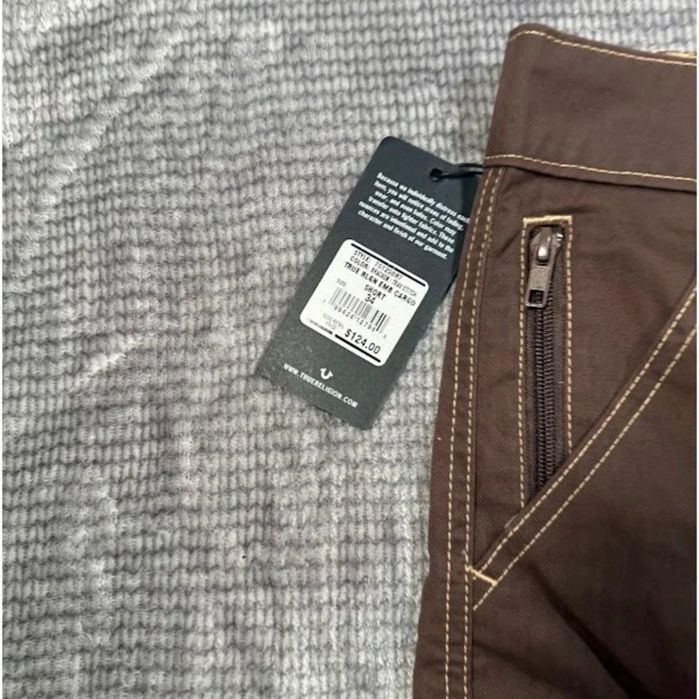 True Religion Mens Cargo Shorts Brown Bracken Contrast Stitch Size 34X11 NWT
